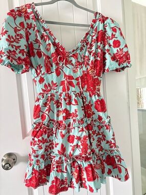 Caroline Constas Mint and Red Floral Smocked Top